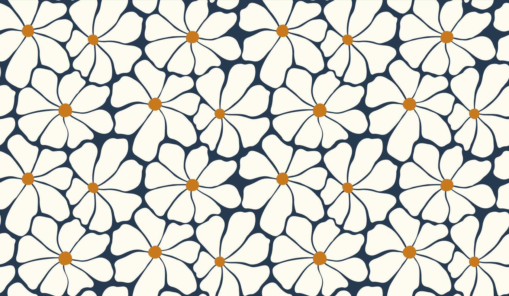 Seamless floral pattern with orange centered white flowers on a dark blue background vector