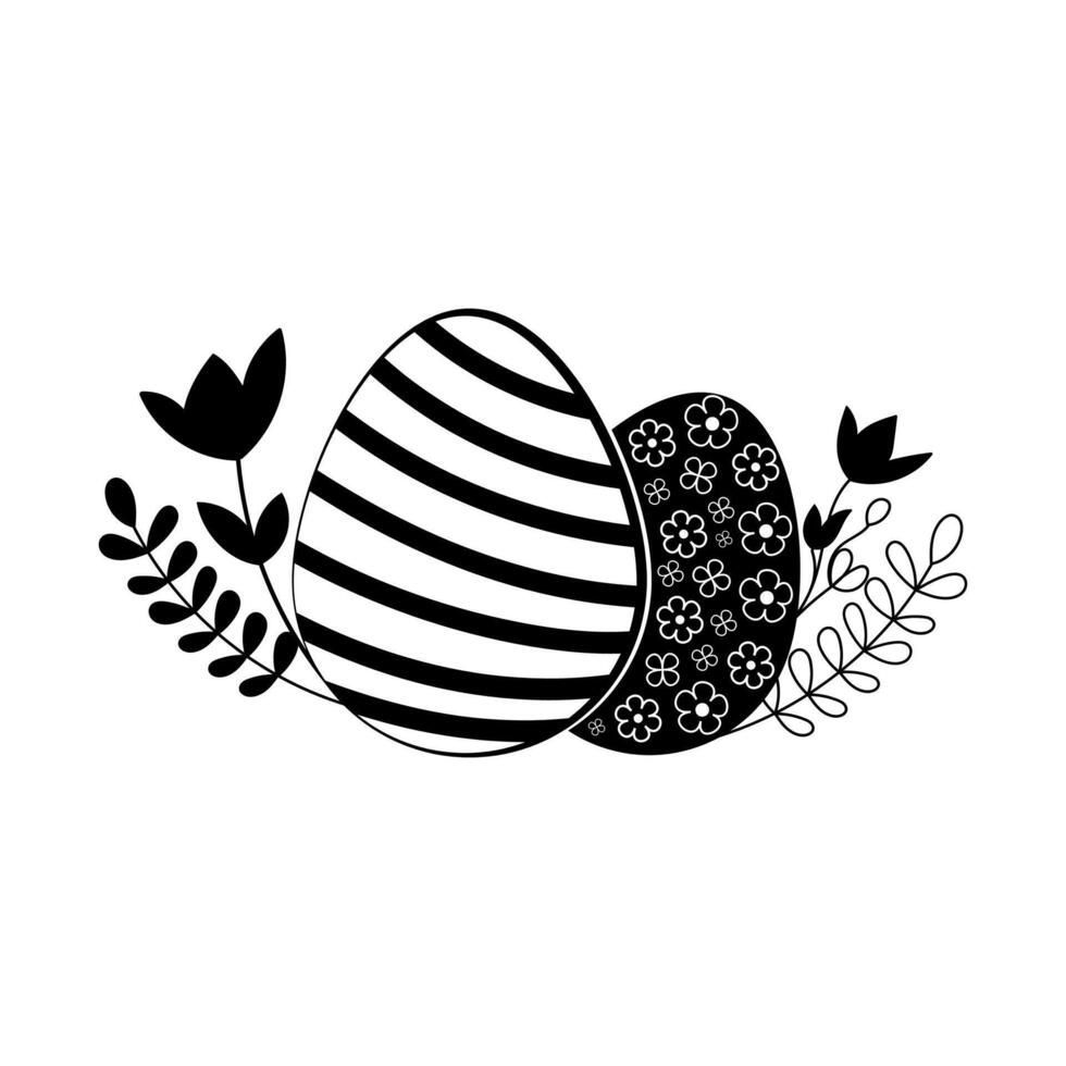 Easter composition of eggs, flowers and leaves. Simple black illustration on white background vector