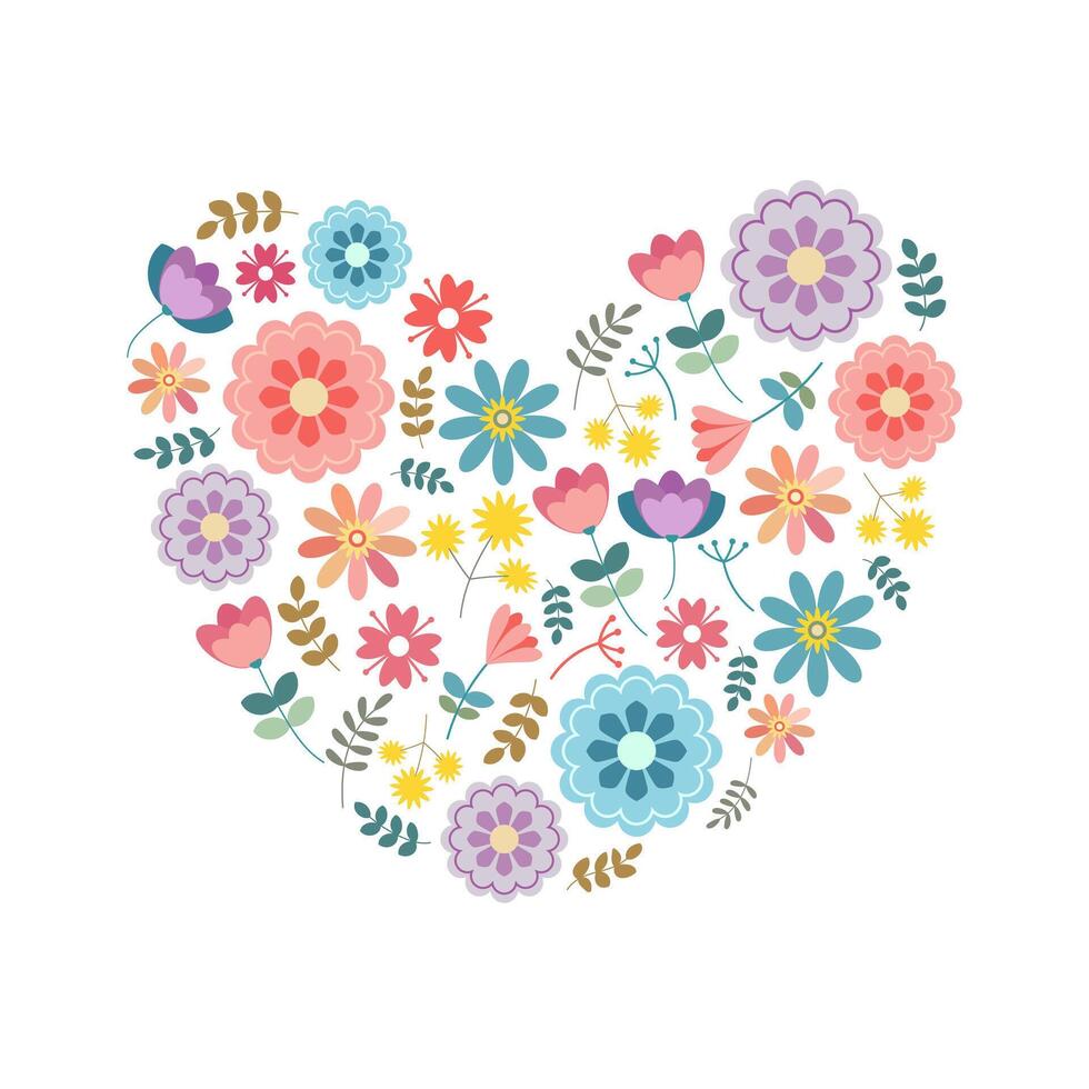 Cute illustration of a heart shape made up of different flowers vector