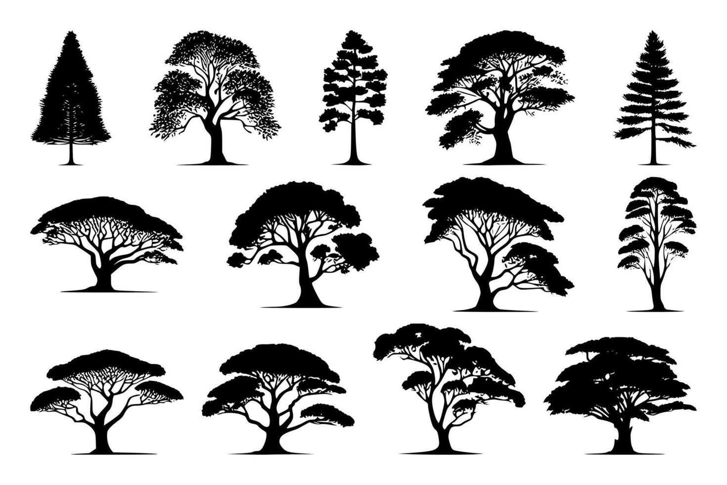 Silhouette of a tree with intricate branches and leaves. Perfect for nature-inspired designs, backgrounds, and illustrations. Black and white art ideal for eco friendly and outdoor themes. vector