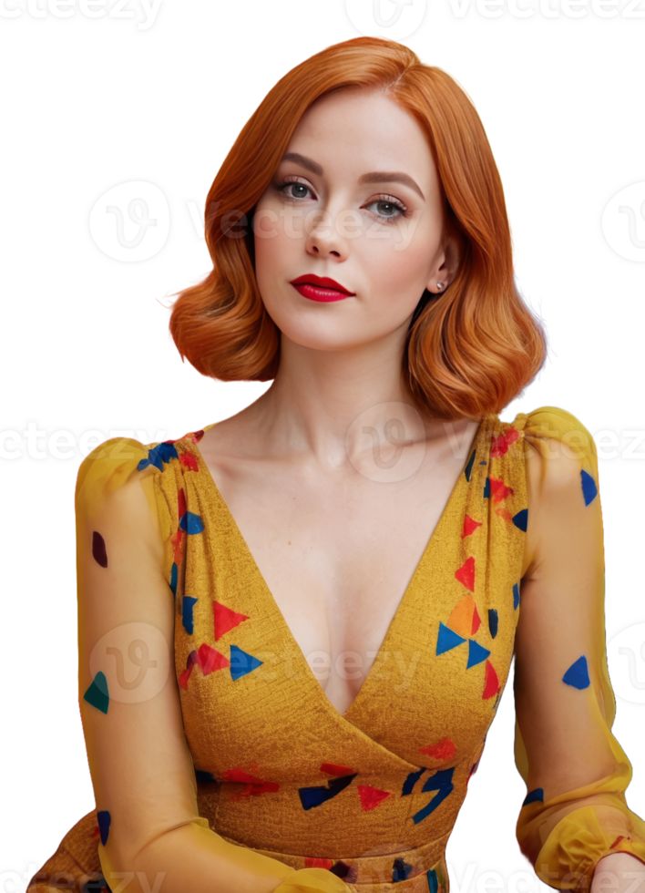 Stylish woman in a colorful dress, perfect for fashion and beauty png