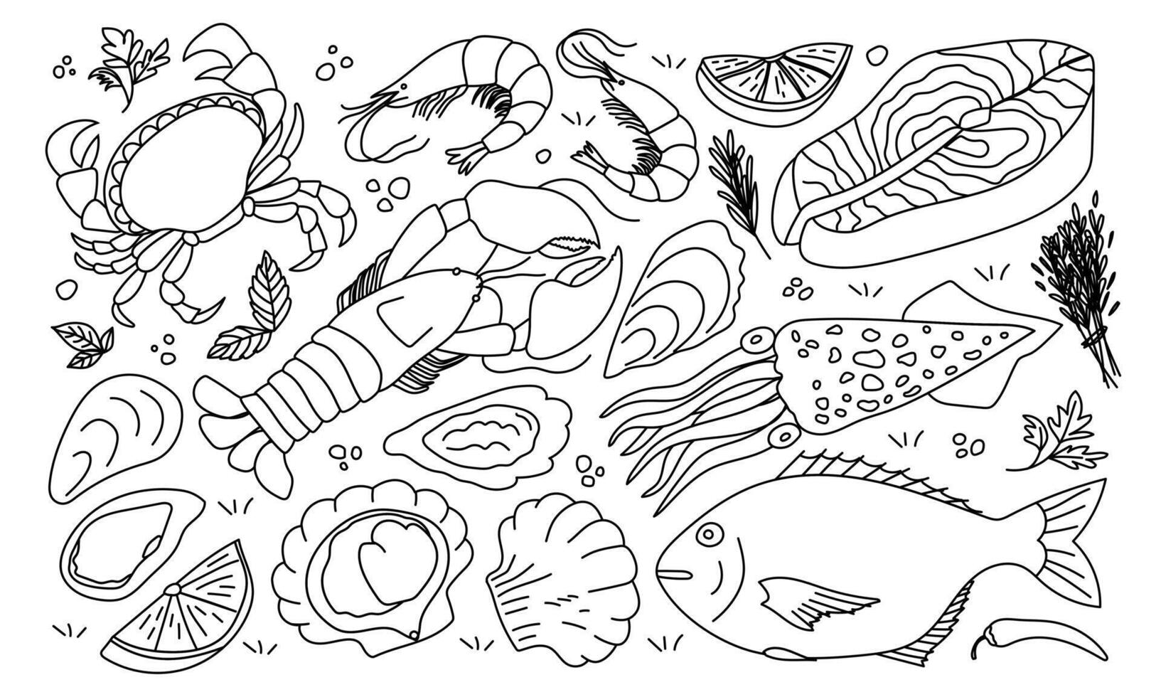 Hand drawn set of seafood elements. Doodle sketch style. Sea food element. vector