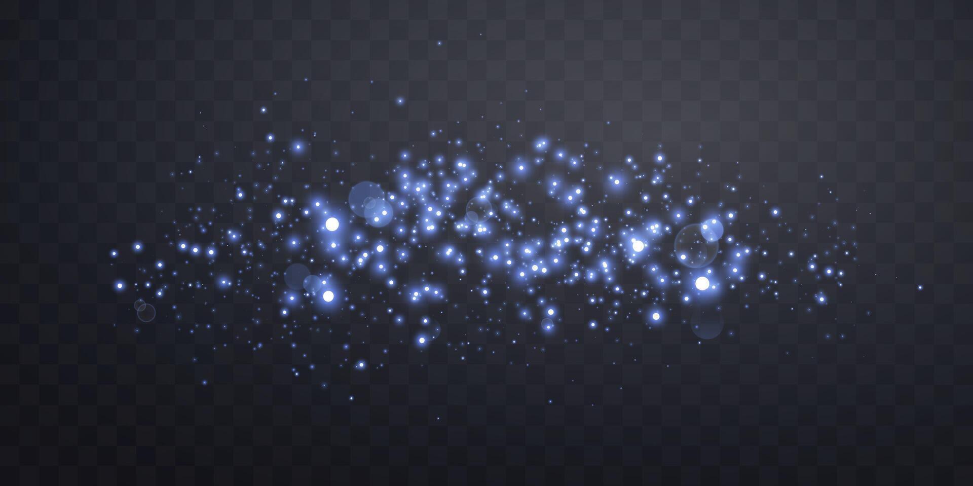 Blue glittering dots, particles, stars, magic sparks with smoke. Glow flare light effect. Blue luminous points in fog. vector