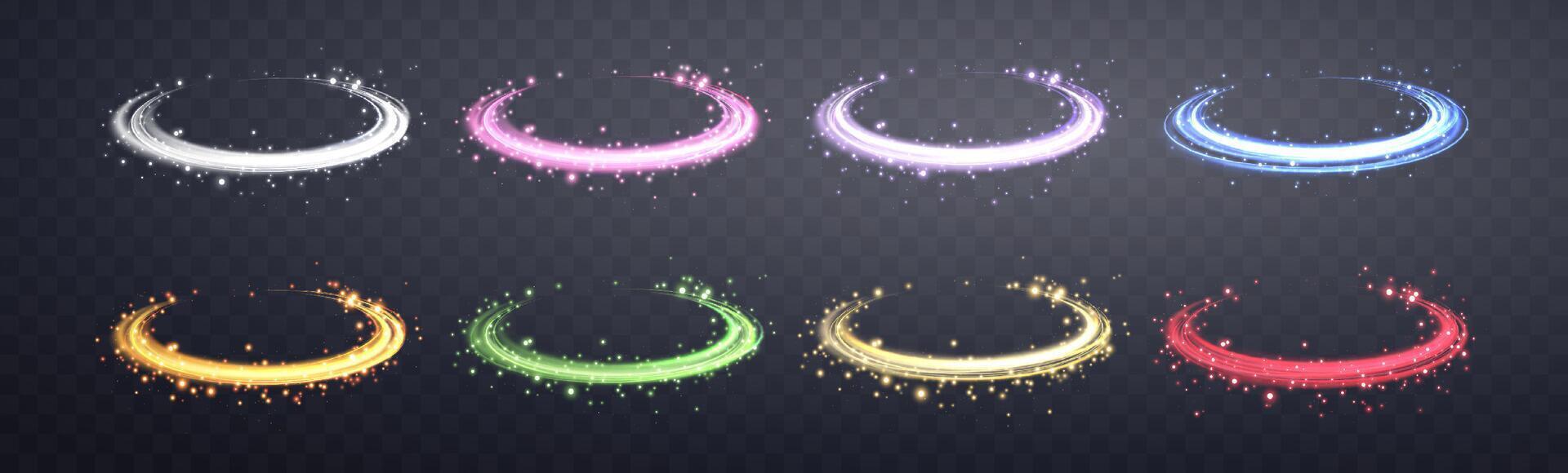 Glowing magic rings set. Neon realistic energy flare rings with sparkling particles. vector