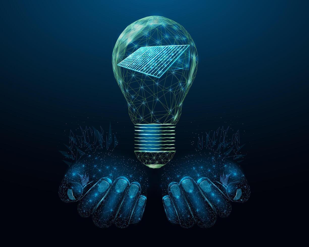 Two human hands are holds solar panel. Renewable alternative energy concept with glowing low poly panel on dark blue background. Wireframe low poly design. vector