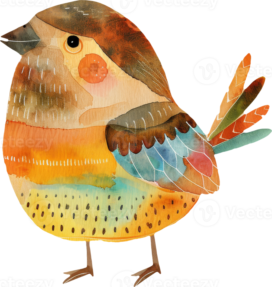 watercolor illustration of a cute and colorful bird with a yellow belly, orange feathers, and blue wings, isolated on a transparent background. png