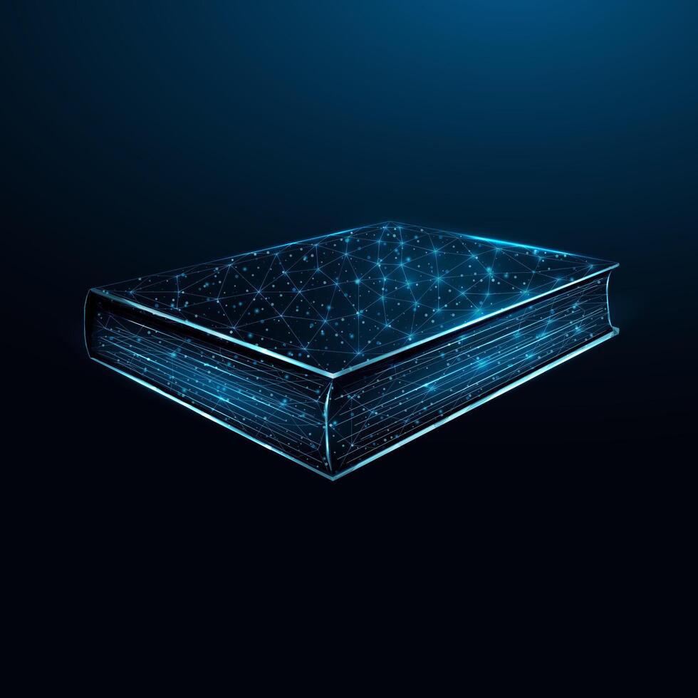 Book. Education concept with glowing low poly book on dark blue background. Wireframe low poly design. vector