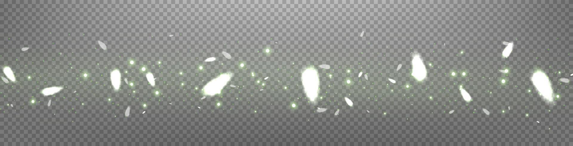 Green glittering dots, particles, stars magic sparks. Dust cloud flare light effect. Green luminous points with smoke. vector