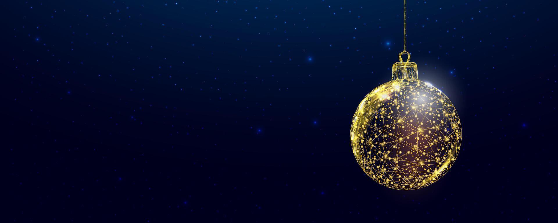 Gold Christmas ball. Wireframe glowing low poly design on a blue background. vector