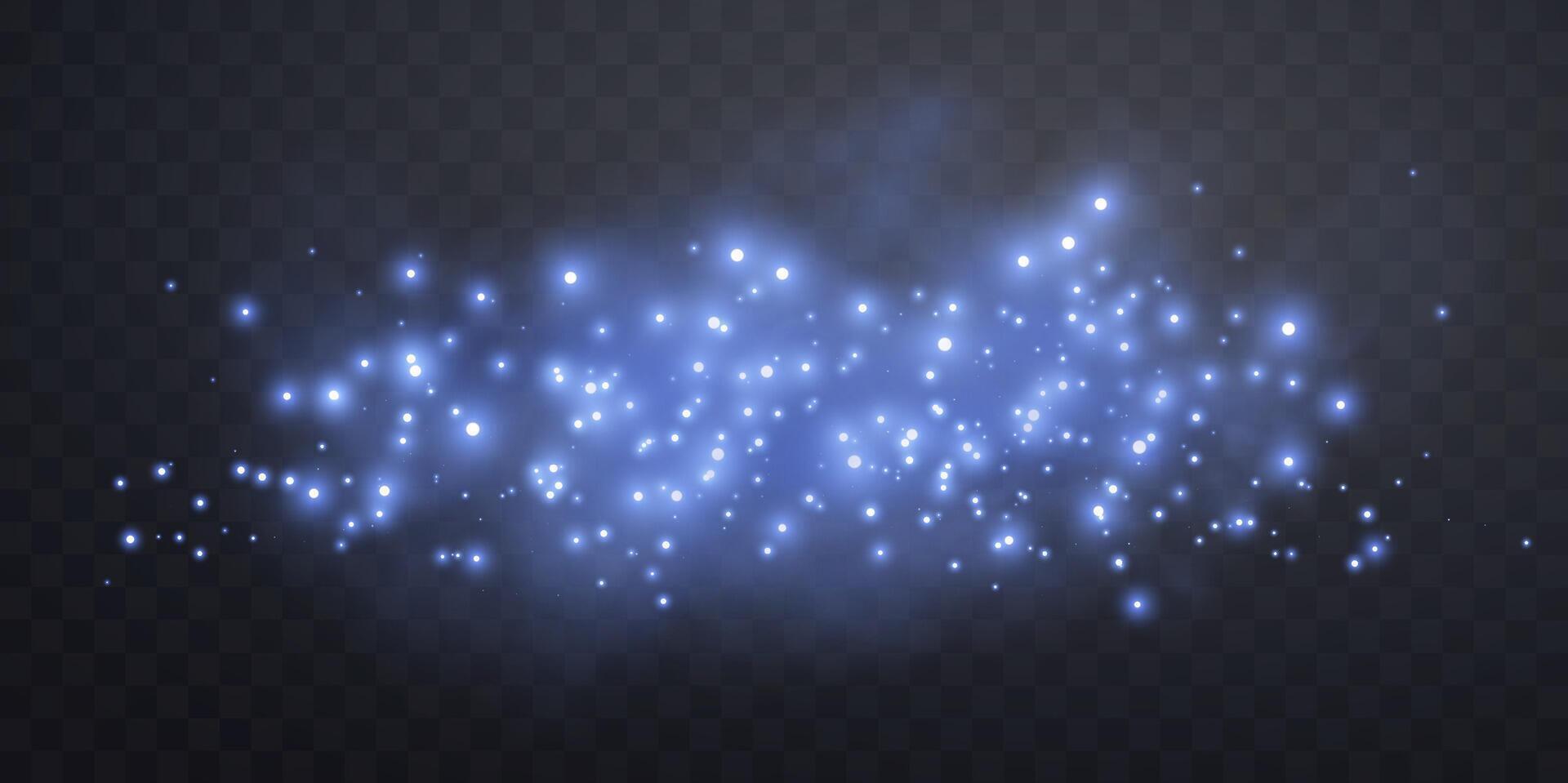 Blue glittering dots, particles, stars, magic sparks with smoke. Glow flare light effect. Blue luminous points in fog. vector