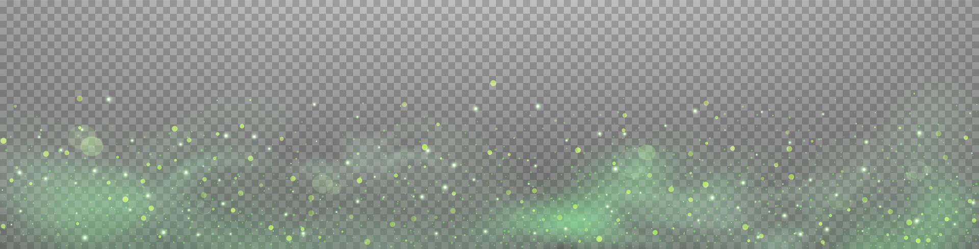 Green glittering dots, particles, stars magic sparks. Dust cloud flare light effect. Green luminous points with smoke. vector