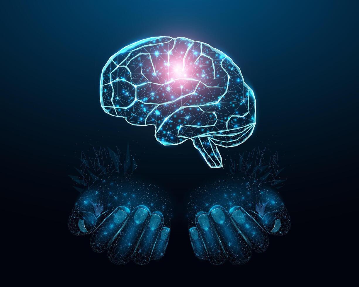 Two human hands are holds human brain. Support healthy brain concept. Wireframe glowing low poly design on dark blue background. vector