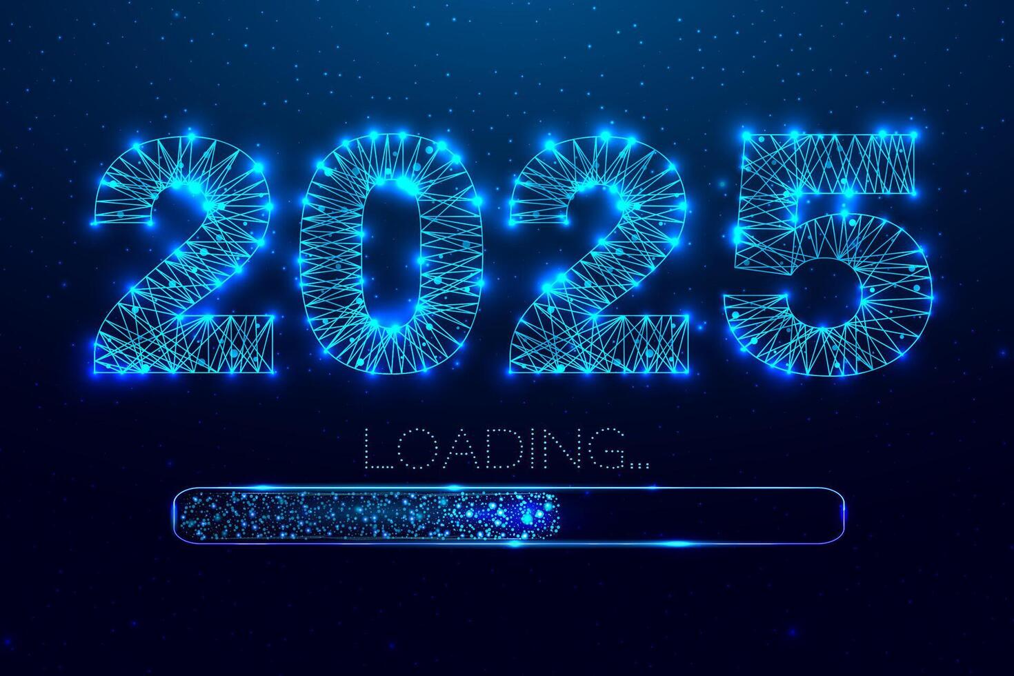 New year 2025 loading. Loading bar. Low poly style design. Numbers from a polygonal wireframe mesh. vector