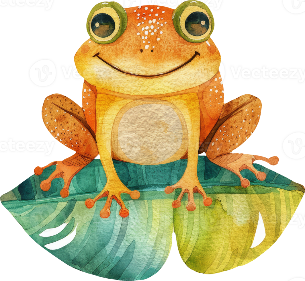 adorable cartoon frog sitting on a green leaf - watercolor illustration with big eyes and smiling face - perfect for children's books, greeting cards, and nature themes. png