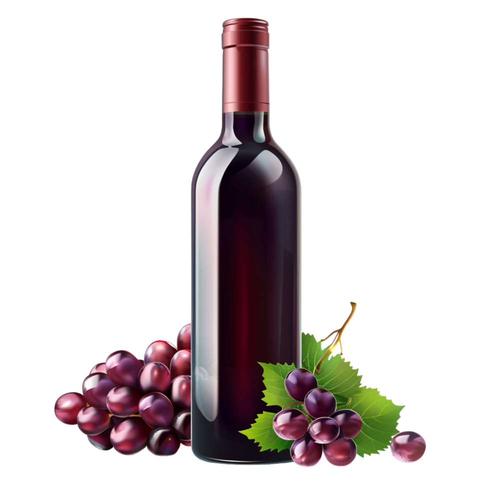 Generated Ai Bottle of red wine with ripe grapes and vine leaves png