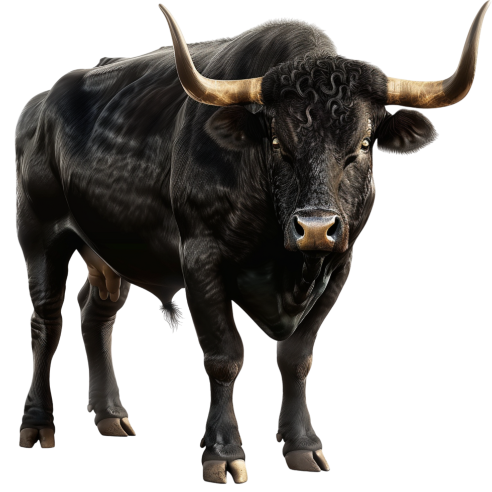 Generated Ai A black cow with large horns a brown nose and black ears png