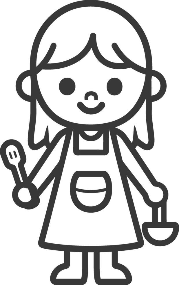 little girl in apron with kitchen utensil minimalist line art icon logo symbol vector