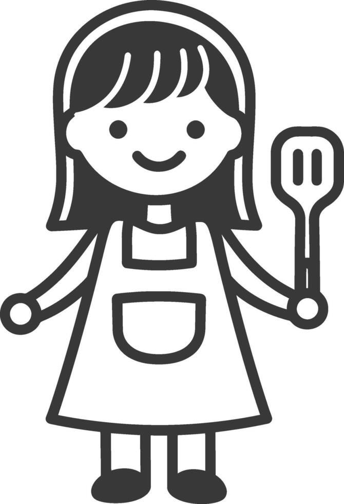 little girl in apron with kitchen utensil minimalist line art icon logo symbol vector