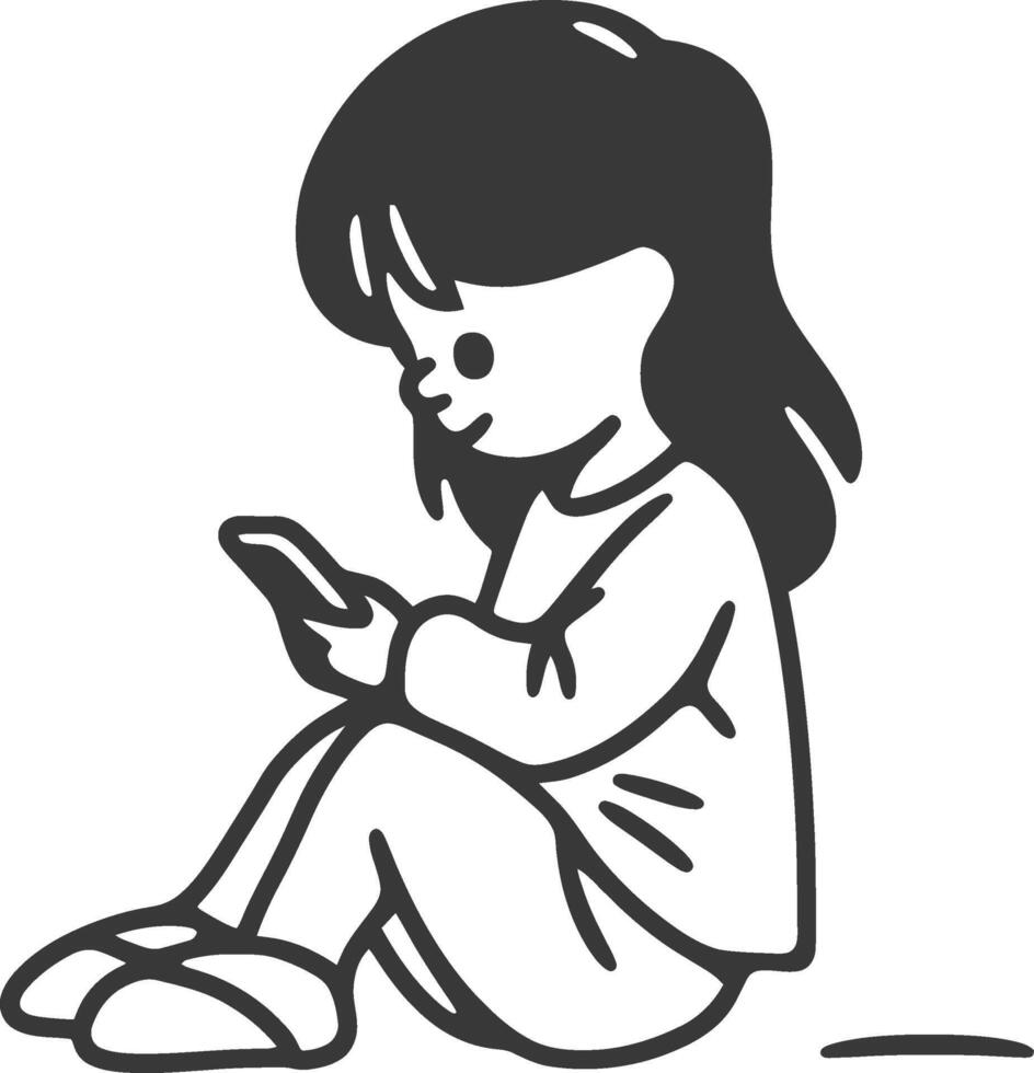 little girl playing smartphone minimalist line art icon logo symbol vector