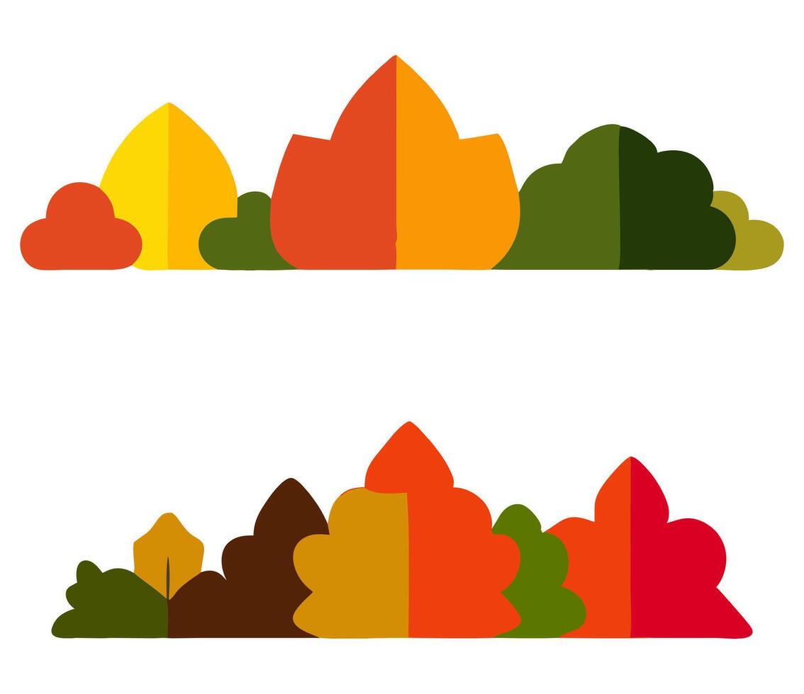 illustrations of stylized autumn trees and foliage. The top section shows trees in shades of yellow, orange, and green vector