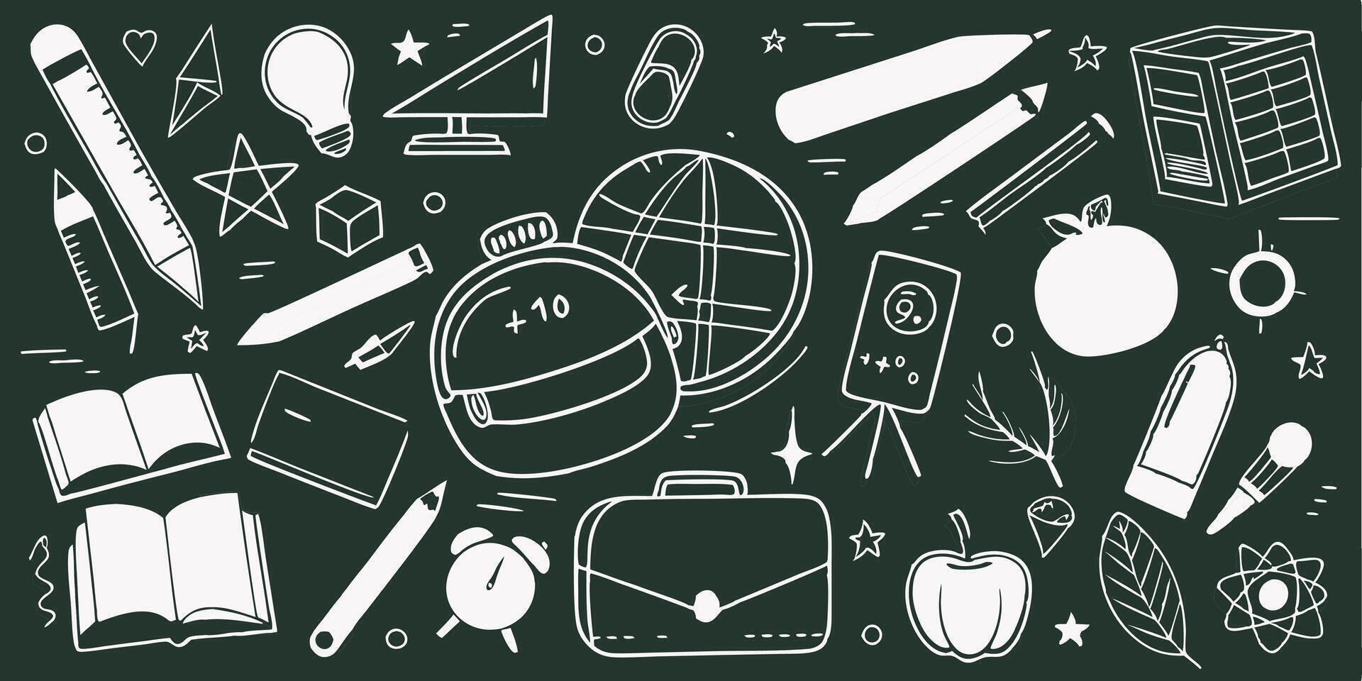 Doodle-style illustration of various school supplies and educational icons in white on a blue background. Includes items like a laptop, books, pens, rulers, and scientific symbols vector