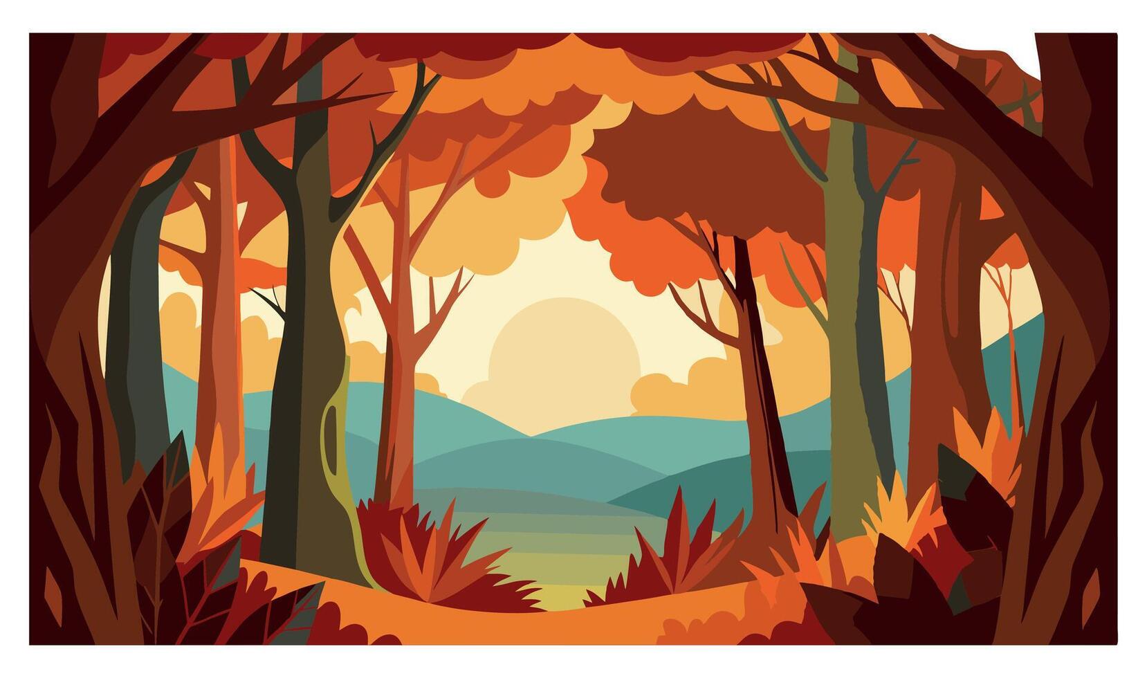 illustration of an autumn forest with vibrant orange and red foliage, set against a backdrop of rolling hills and a setting sun. Flat design style vector