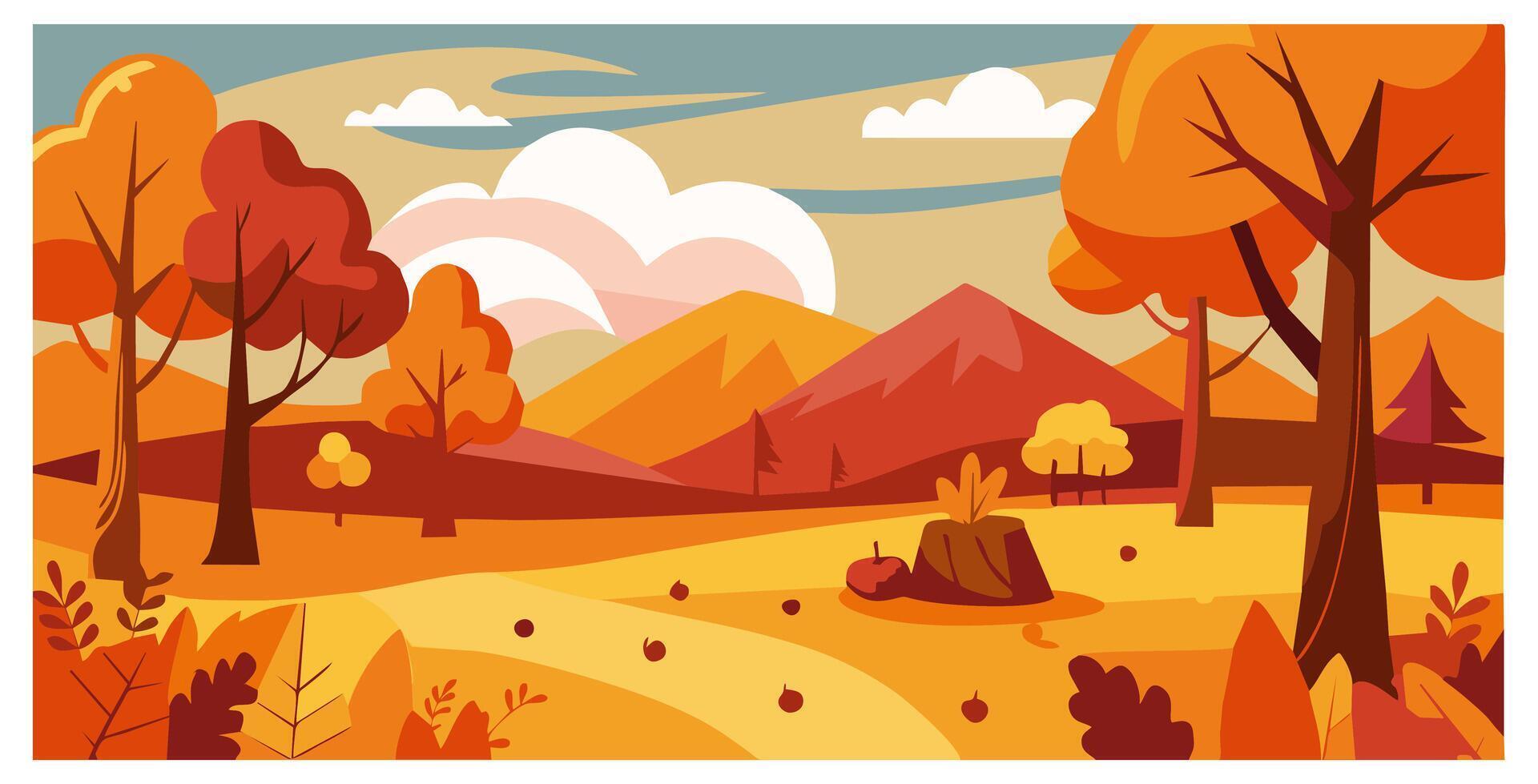 autumn landscape with mountains, colorful trees, clouds, and a pumpkin in the foreground. Flat design with vibrant fall colors vector