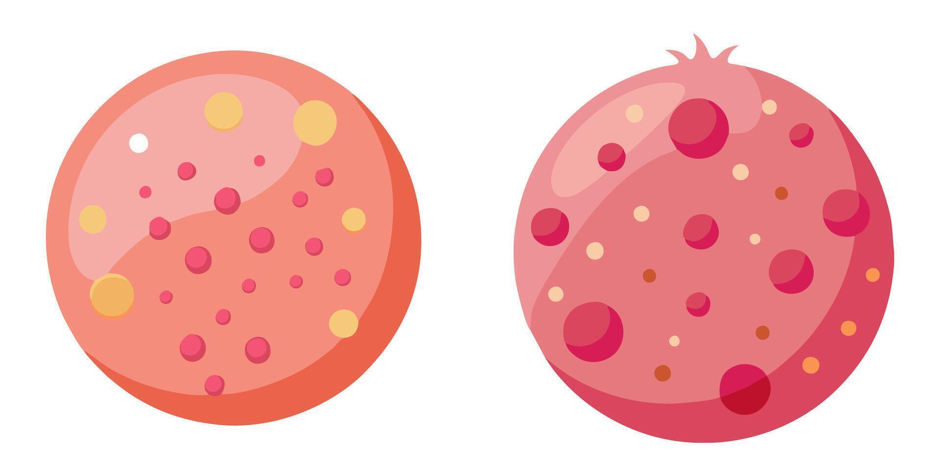 illustrations of acne. Each illustration depicts a circular face with various types of acne spots, including pimples and blemishes, in shades of pink and red vector