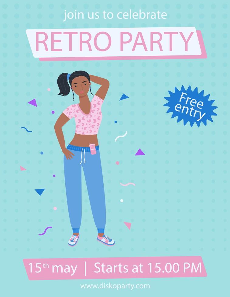 A4 poster with a girl in a tracksuit with a retro-style phone. vector