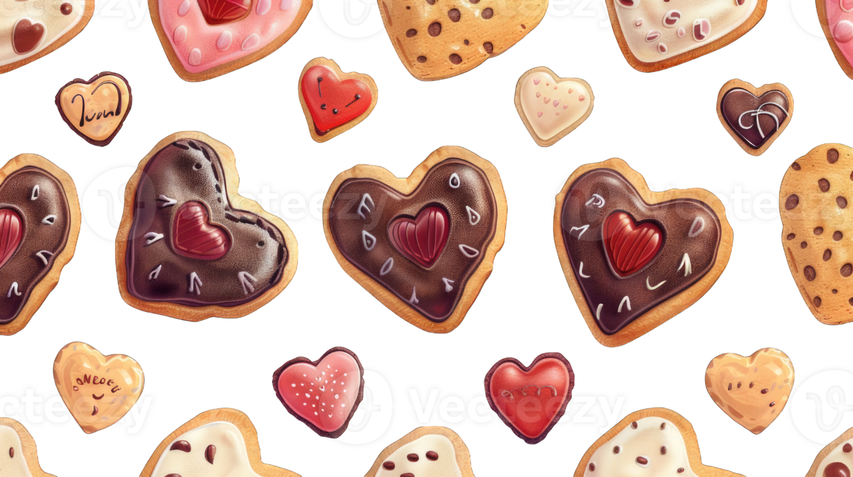 Different biscuits and cookies in heart shape isolated on transparent background cutout png