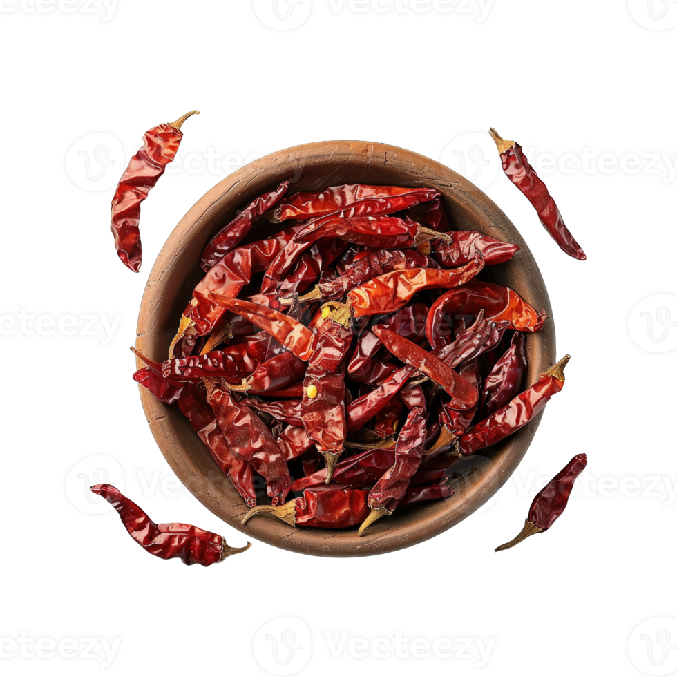 Dry red chilies in bowl isolated on transparent background cutout png