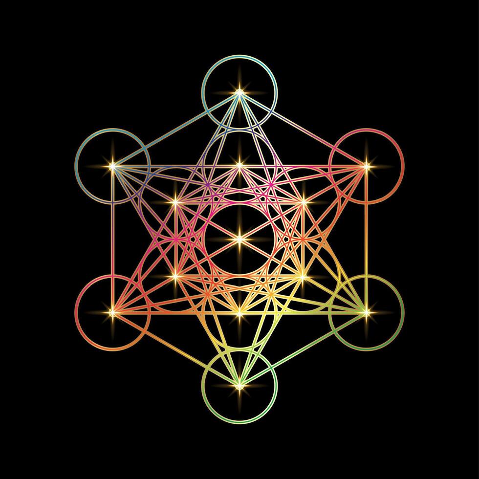 Psychedelic Metatron's Cube, Flower of Life. Gold Sacred geometry. Mystic colorful icon platonic solids Merkabah, abstract geometric drawing, crop circles sign. Graphic logo element isolated on black vector