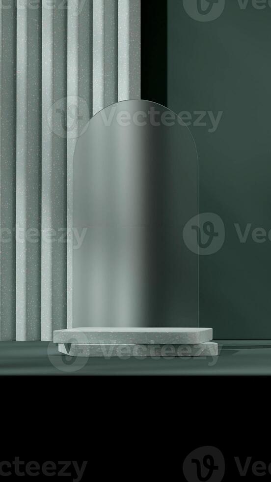 3d rendering mockup template green terrazzo texture product podium in portrait with glass photo