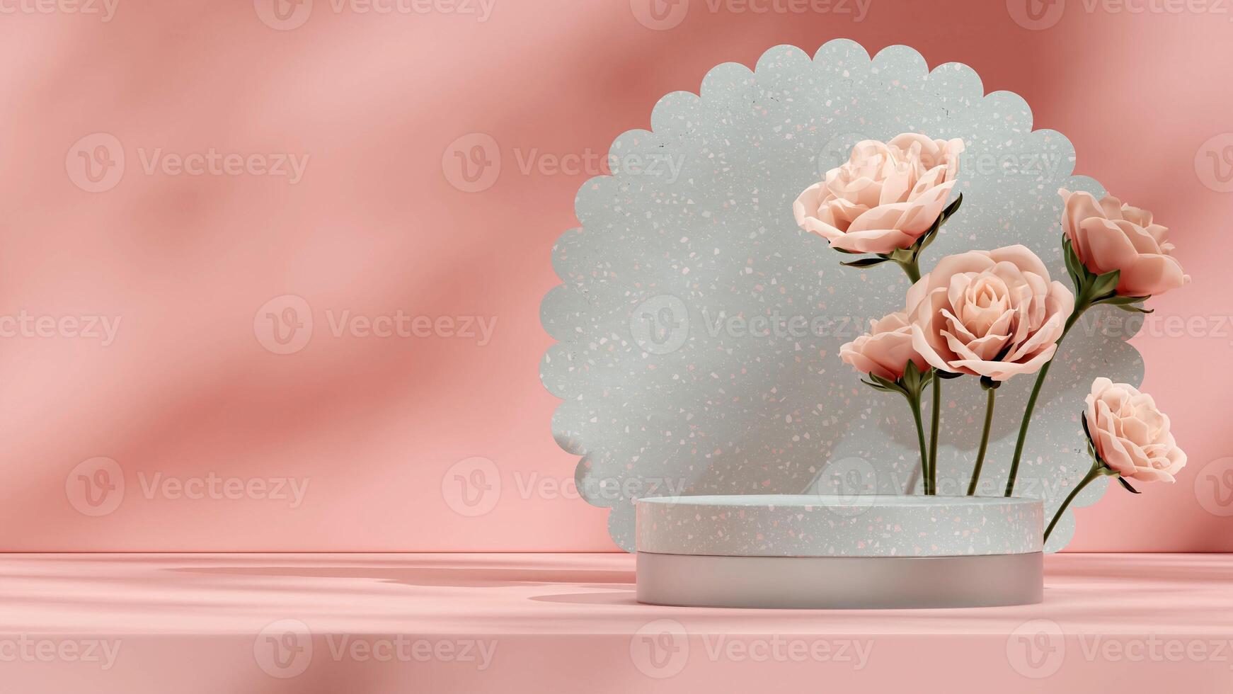 Pink rose background with green terrazzo texture backdrop podium in landscape 3d rendering mockup photo