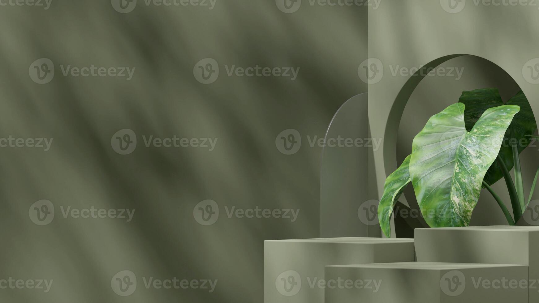 Green monochrome 3d rendering mockup of podium block for product in landscape with alocasia plant photo