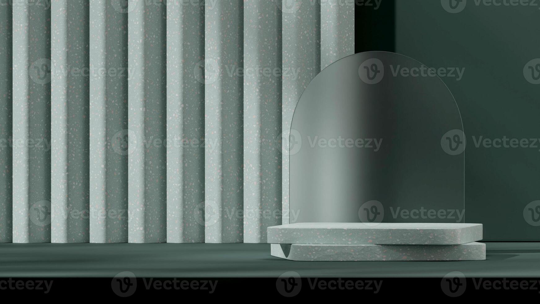 3d rendering mockup template green terrazzo texture product podium in landscape with glass photo