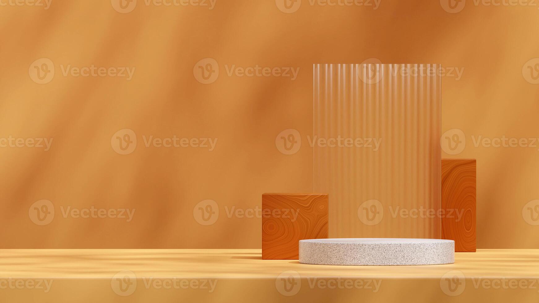 Landscape layout texture glass and wood block 3D render blank mockup of granite cylinder podium photo