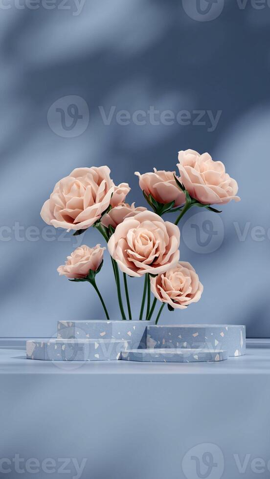 Mockup template of blue terrazzo texture podium in portrait with pink rose background 3d rendering photo