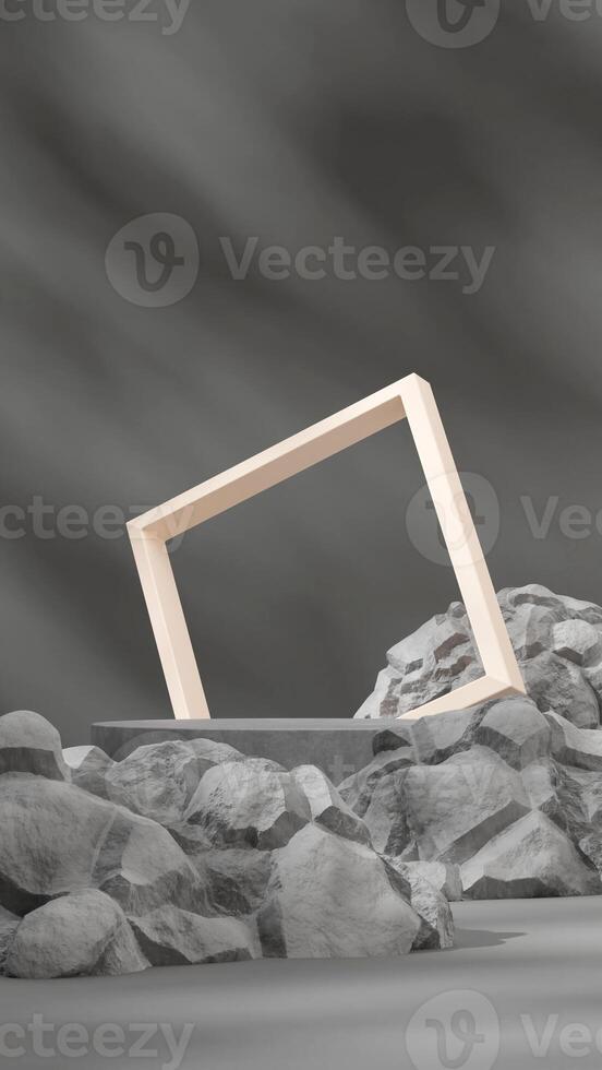 3d rendering mockup template concrete podium in portrait with grey rock and white frame photo
