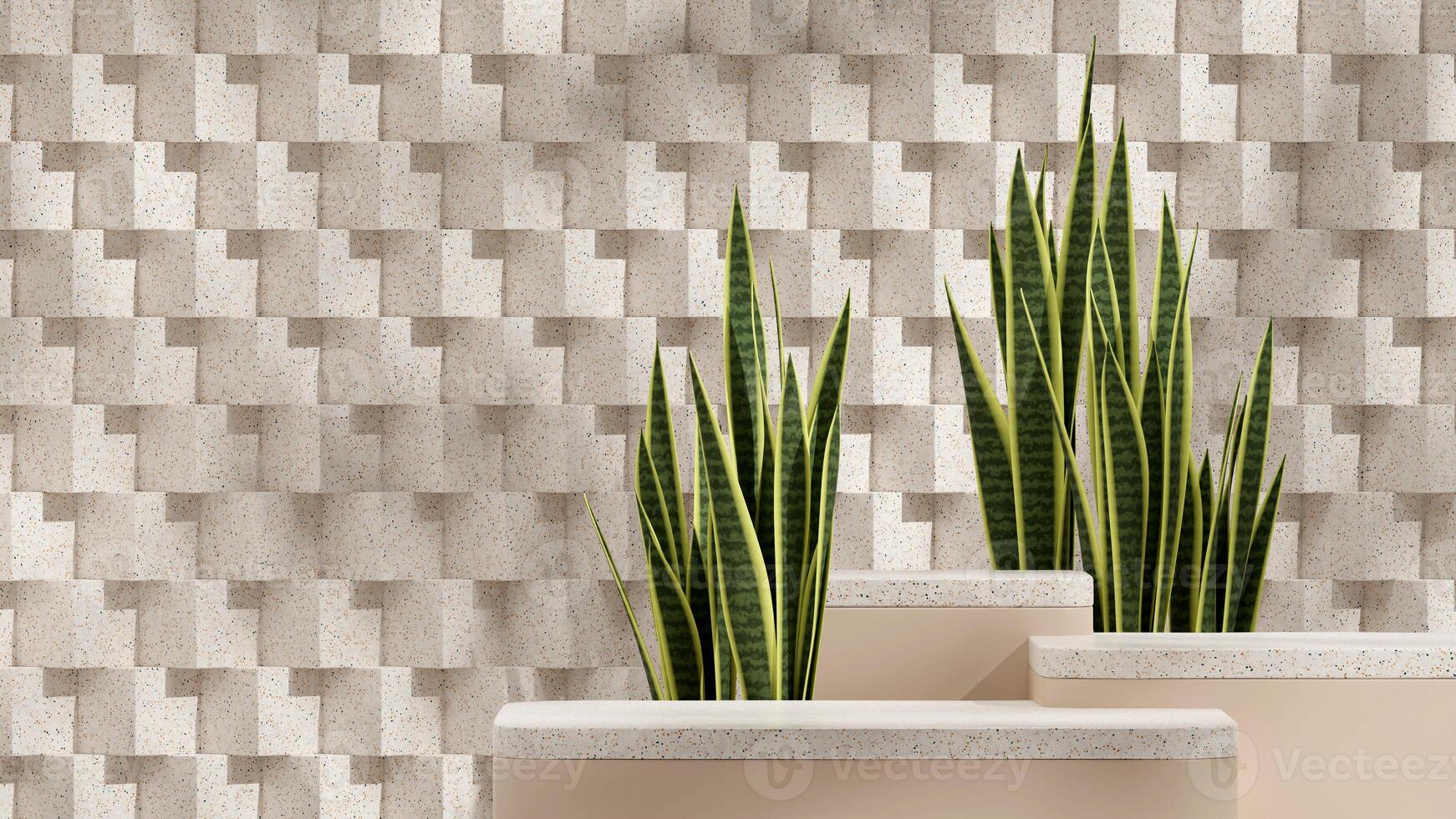 3d rendering mockup template of podium terrazzo texture block in landscape with snake plant photo
