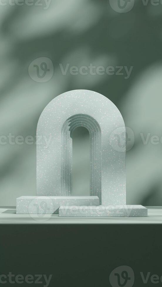 Green terrazzo texture asset minimal scene podium product in portrait layout with arch 3d rendering photo