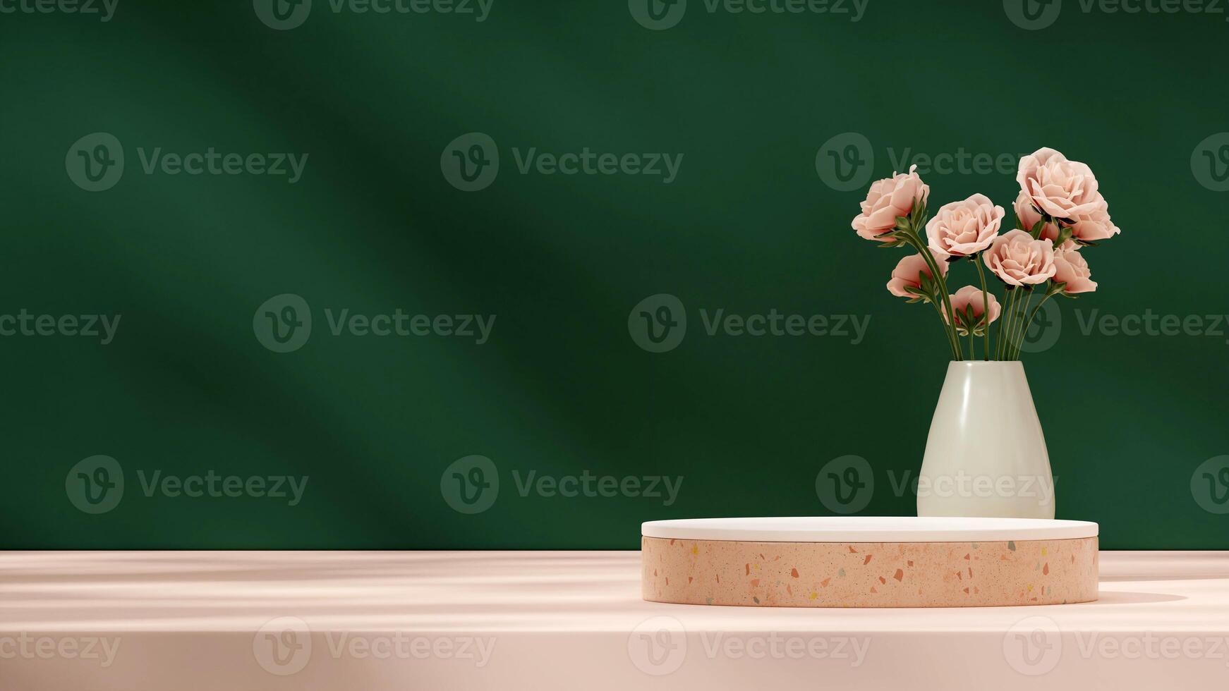 Green vase with pink rose 3d render mockup space of white and terrazzo texture podium in landscape photo