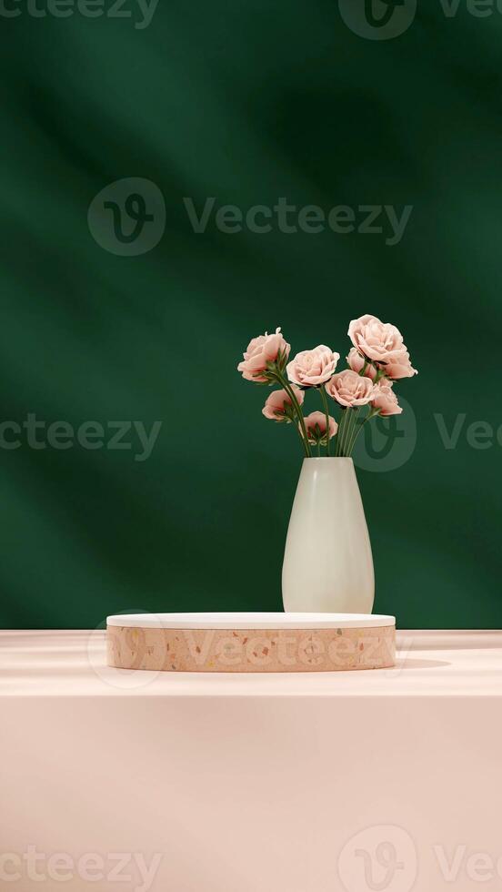 Green vase with pink rose 3d render mockup space of white and terrazzo texture podium in portrait photo
