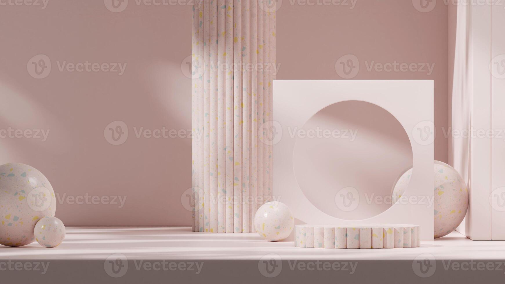 Full decoration pale pink terrazzo 3d rendering mockup scene in landscape with pillar and sphere photo