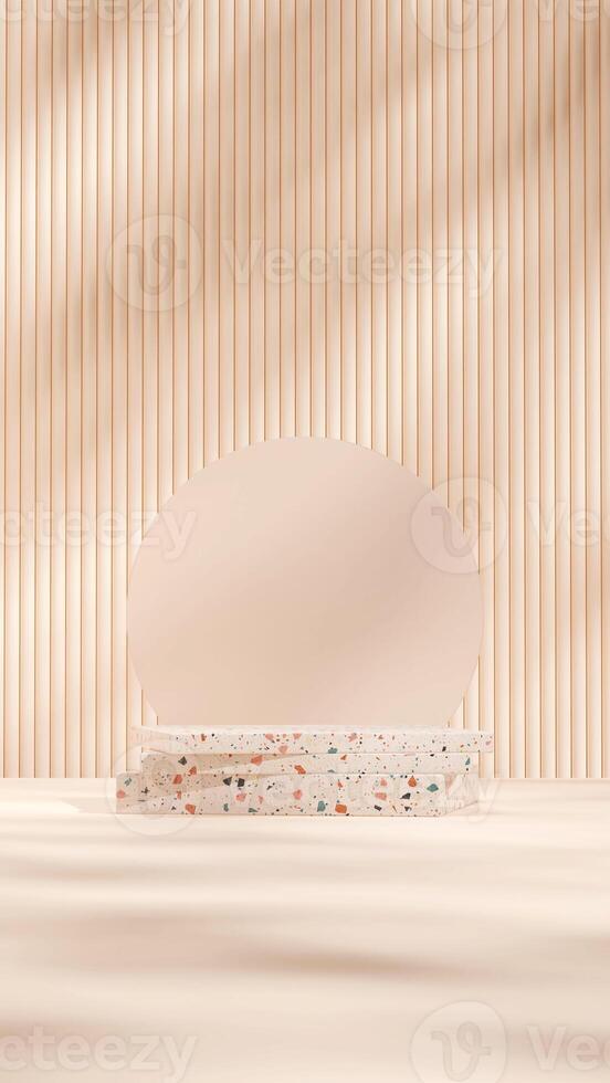 3d rendering terrazzo texture podium in portrait with blurred glass and geometric shape wall photo