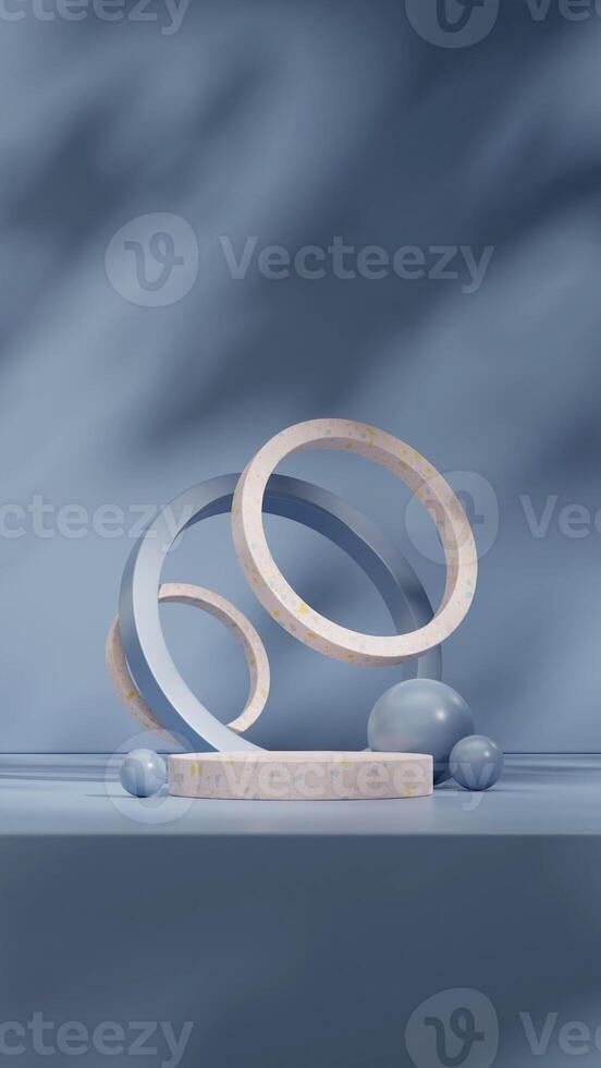 Geometrical shape backdrop and podium blue and terrazzo texture 3d rendering mockup in portrait photo