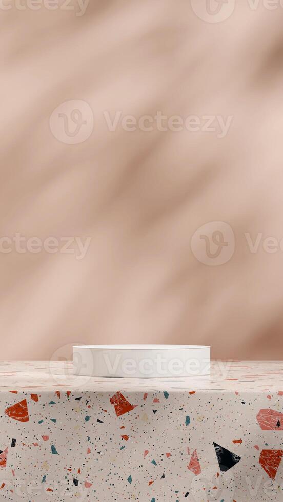 Minimal 3d rendering mockup scene template of white podium in portrait with terrazzo texture floor photo