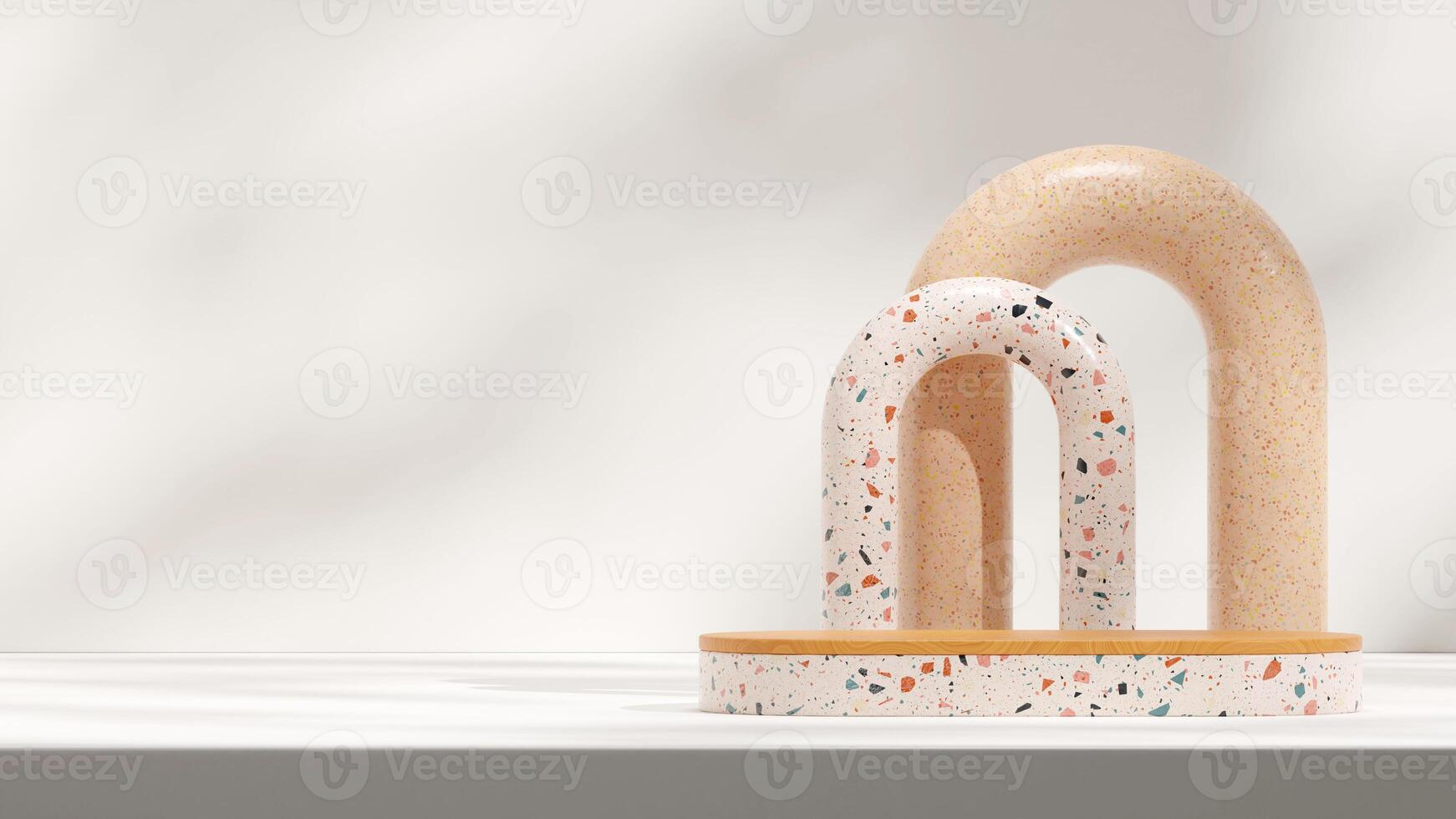 Terrazzo texture podium and backdrop 3d rendering mockup in landscape with white wall photo