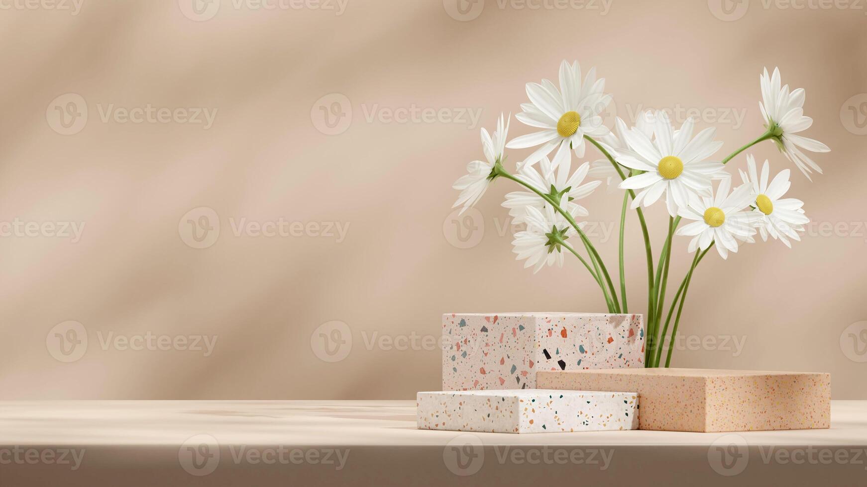 Terrazzo texture block podium 3d rendering mockup in landscape with white daisy flower photo