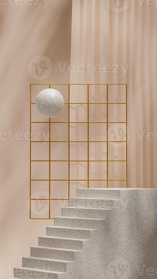 Geometric shape stair podium 3d rendering image mockup background in portrait with grid and sphere photo